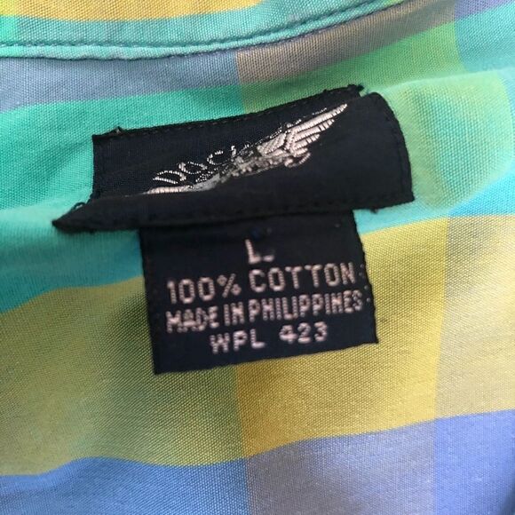 Dockers Striped Blouse Plaid Pastel Button Front Short Sleeve Front Pocket Large - Picture 7 of 8